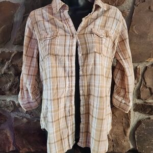 St. John's Bay Lightweight Plaid Shirt in Beige and Cream